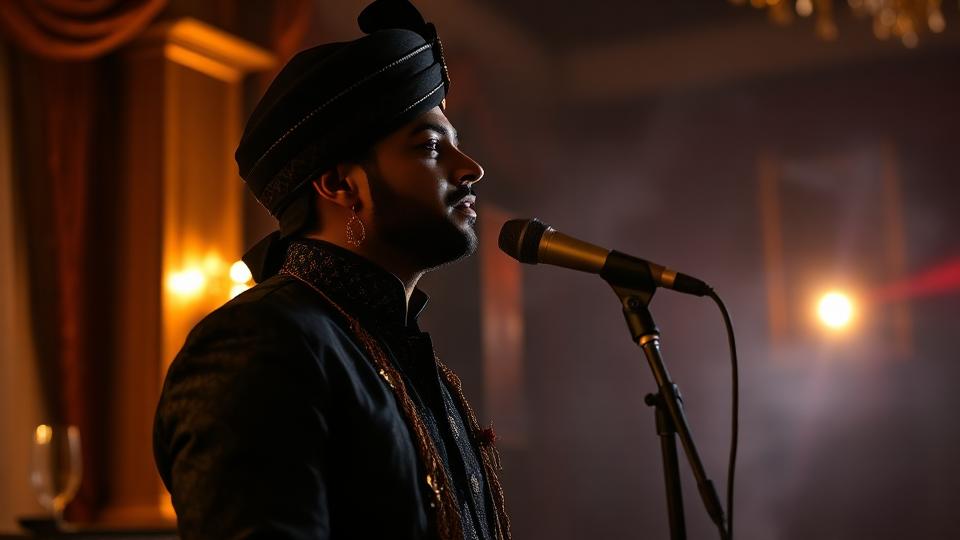 Aditya Kashyap singing into a vintage microphone at a wedding reception under warm stage light